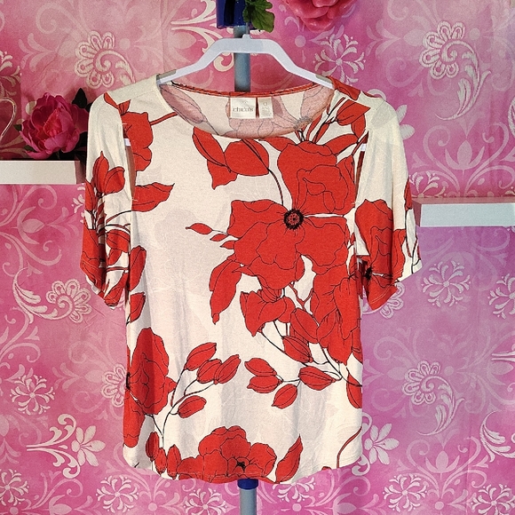 Chico's Tops - Chico's Red Floral Short Sleeve Tee